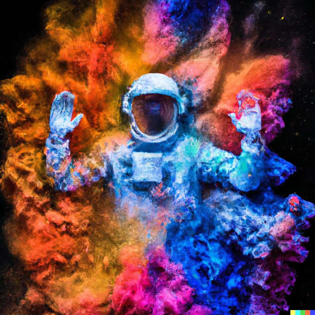 an astronaut, made from a burst of colored powder, digital art